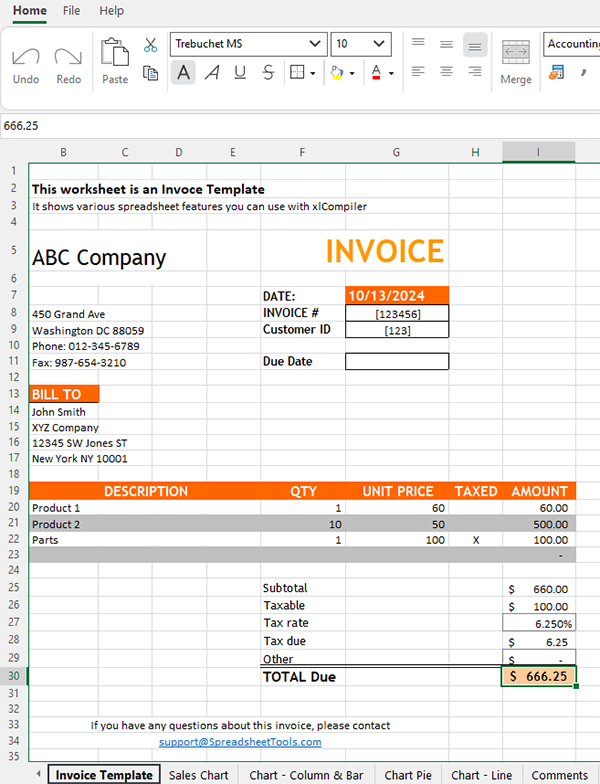 Example of the compiled excel workbook invoice template