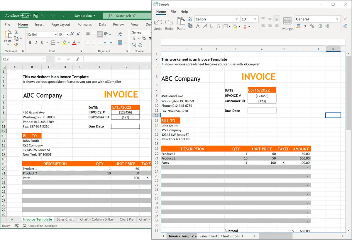 Example of the compiled excel workbook invoice template