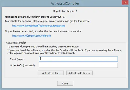 xlCompiler - Enter Activation Code dialog