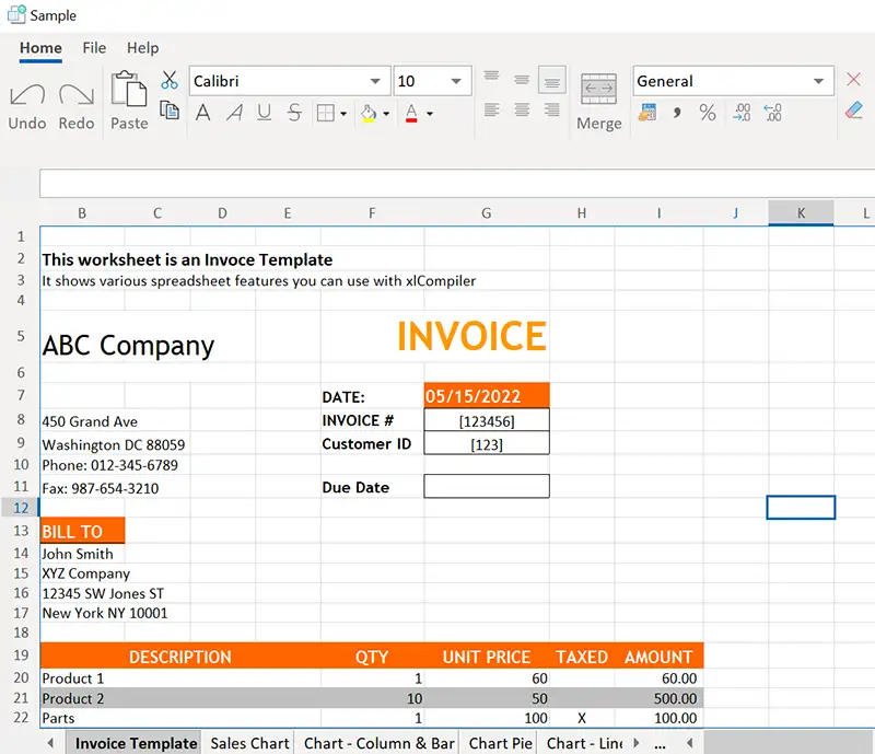 Invoice Worksheet in the compiled application