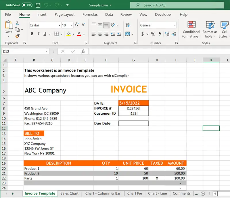 Invoice Worksheet in Excel
