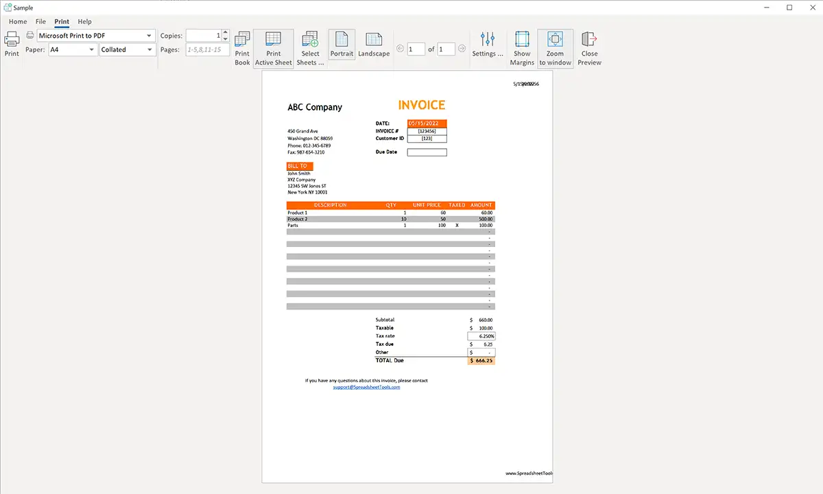 Invoice Worksheet Print Preview