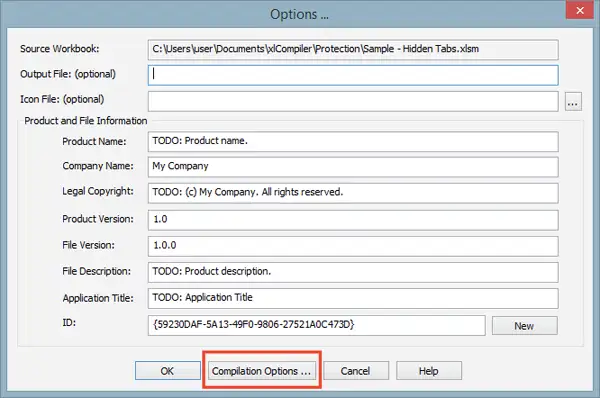 Excel File Compiler Protection Options Dialog