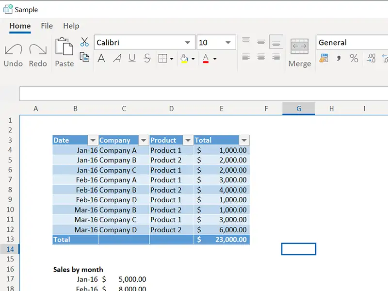 Table in the compiled application