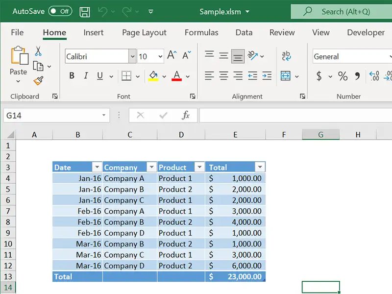 Table in Excel file