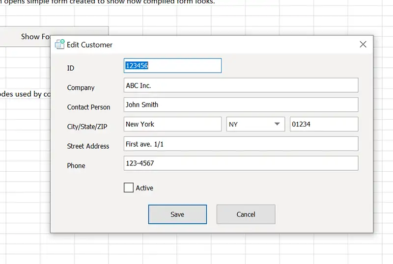 Screenshot of the Form in the compiled application