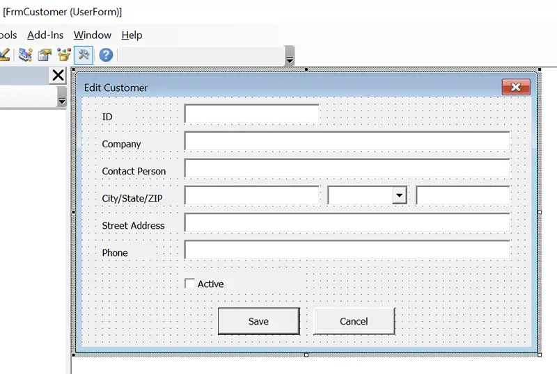 Example of the Excel form